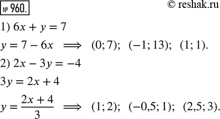 Изображение 960. Найдите какие-нибудь три решения уравнения:1) 6х + у = 7;	2) 2х - 3у =...