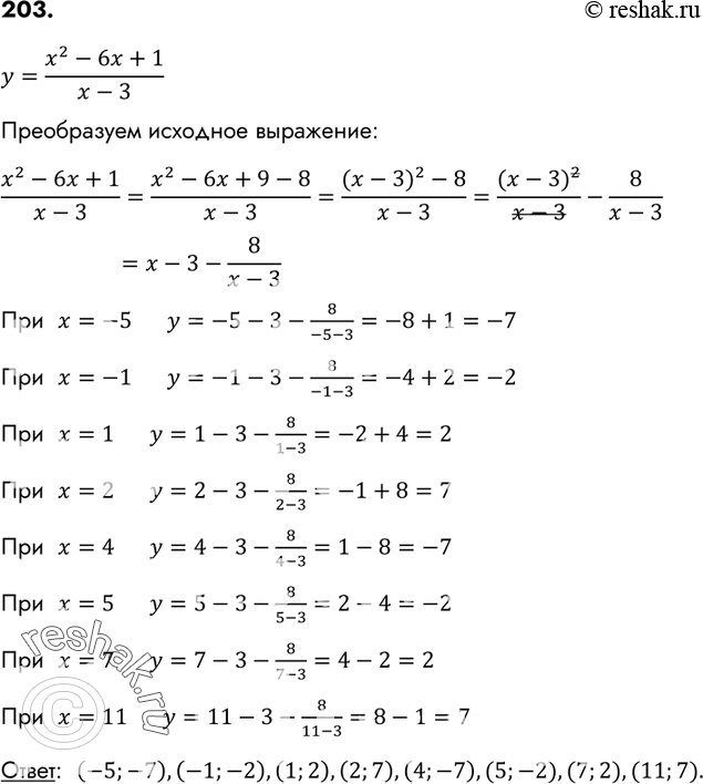 Изображение 203. Найдите все точки графика функции у = (x2-6x+1)/(x-3) с целочисленными...