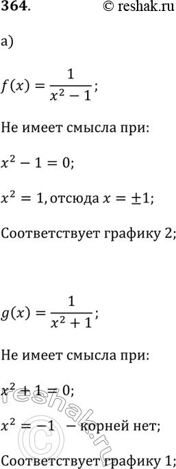 Изображение 364. Для каждой из функций у = f(х) и у = g(x) укажите соответствующий ей график, если:а) f(x) = 1/(x^2 - 1),  g(x) = 1/(x^2 + 1) (риc. 3.3);б) f(x) = 1/(x^2 - 2x +...