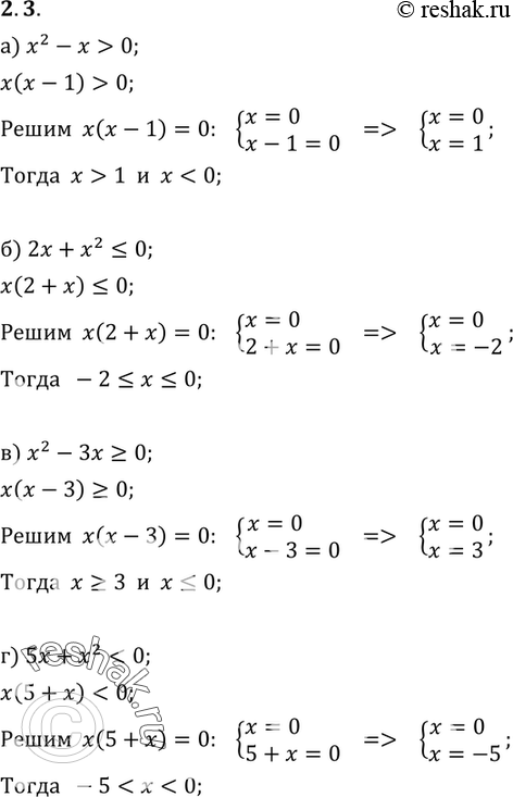 Изображение 2.3. а) х2 - х > 0;б) 2х + х2 = 0;г) 5х + х2 <...