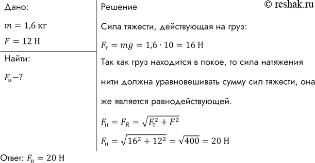 Изображение Нить, на которой висит груз массой 1,6 кг, отводится в новое положение силой 12 Н, действующей в горизонтальном направлении. Найти силу натяжения...